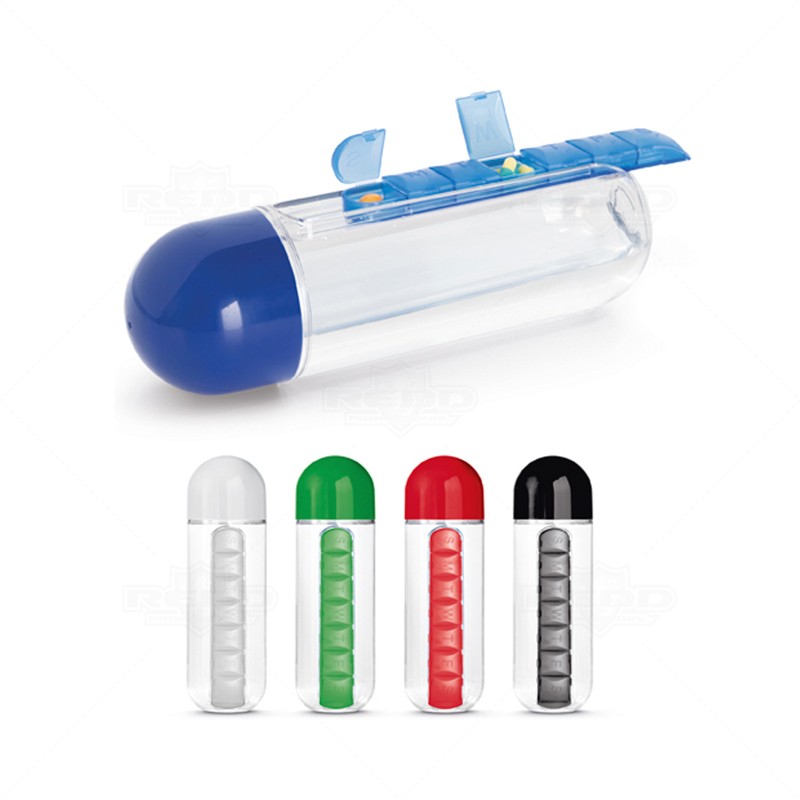 Garrafa Squeeze 600ml com Porta Comprimido Personalizado