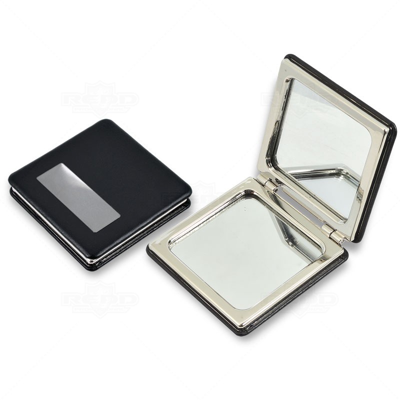 Espelho de Metal Personalizado revestido em couro sinttico preto.